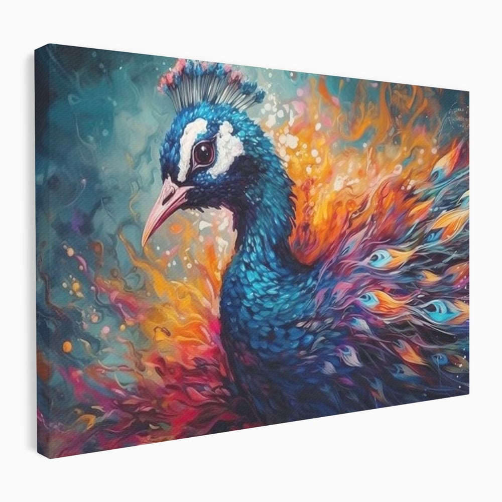 Tablou canvas cu tablou canvas cu paun in flacari, fara rama, pe sasiu de lemn